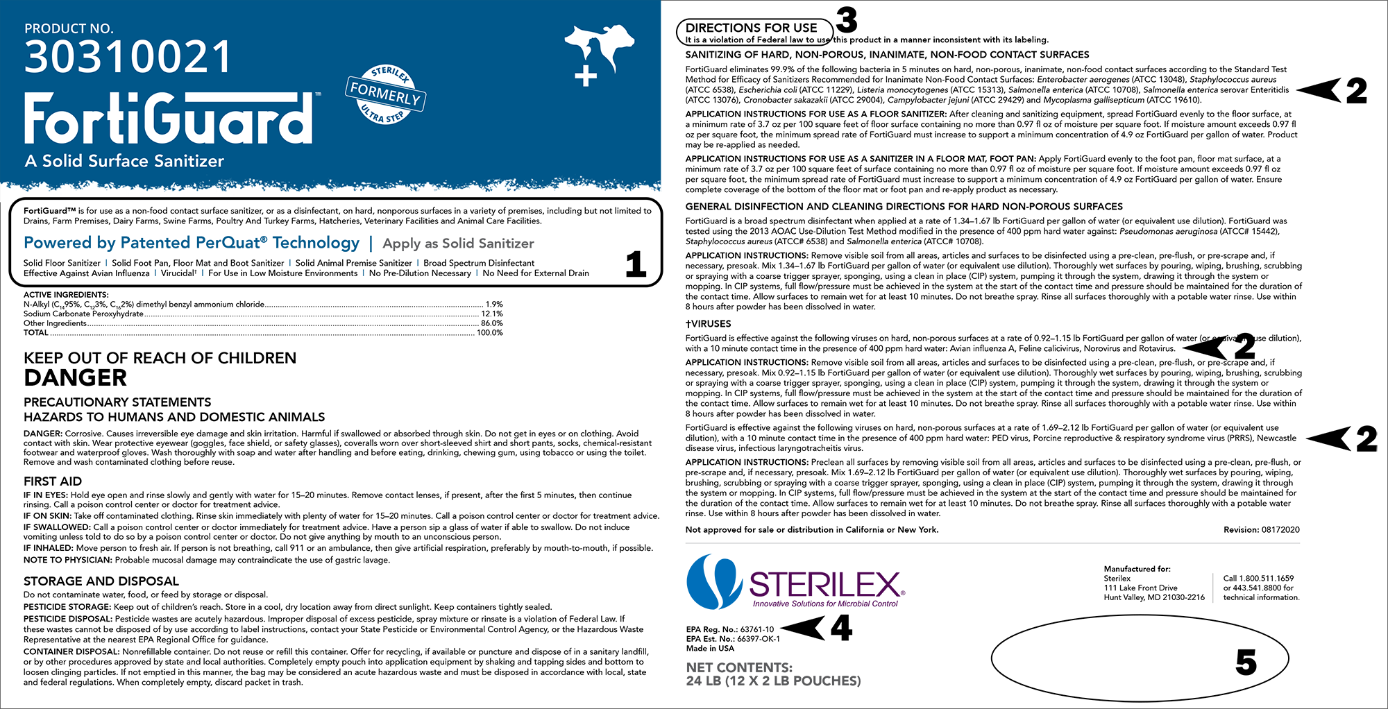 Top Things to Look for on an EPA label with important areas highlighted: EPA registration number, specific pathogens controlled by product, description of how the product should be used, directions for use, and the product expiration date