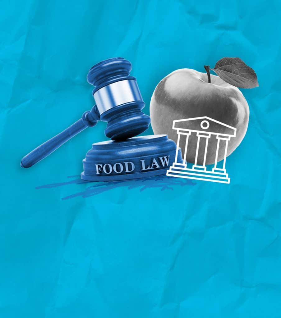 Environmental contamination in food facilities - image shows a blue background in front is a gavel, the circular block underneath reads "Food Law" there is a large apple behind the gavel. In front of the gavel is an illustration of the front columns of a courthouse