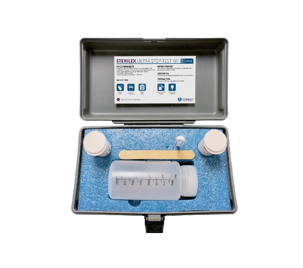 Image of Sterilex Ultra Step Test Kit components in an open case