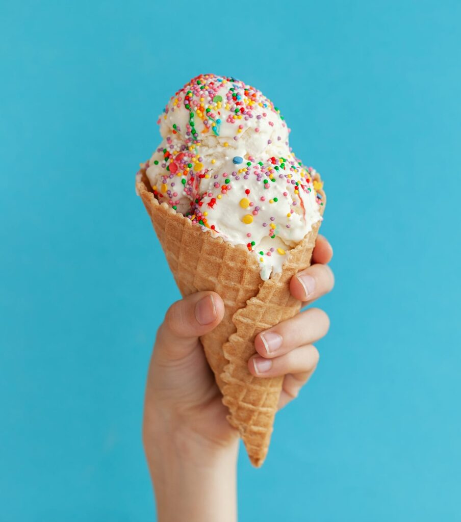 hand holding a waffle cone with vanilla ice cream covered in rainbow sprinkles for national ice cream month dairy sanitation tips