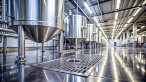 close up of beverage factory drains