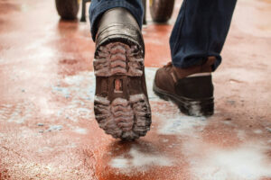 boots walking through sterilex powder on floor