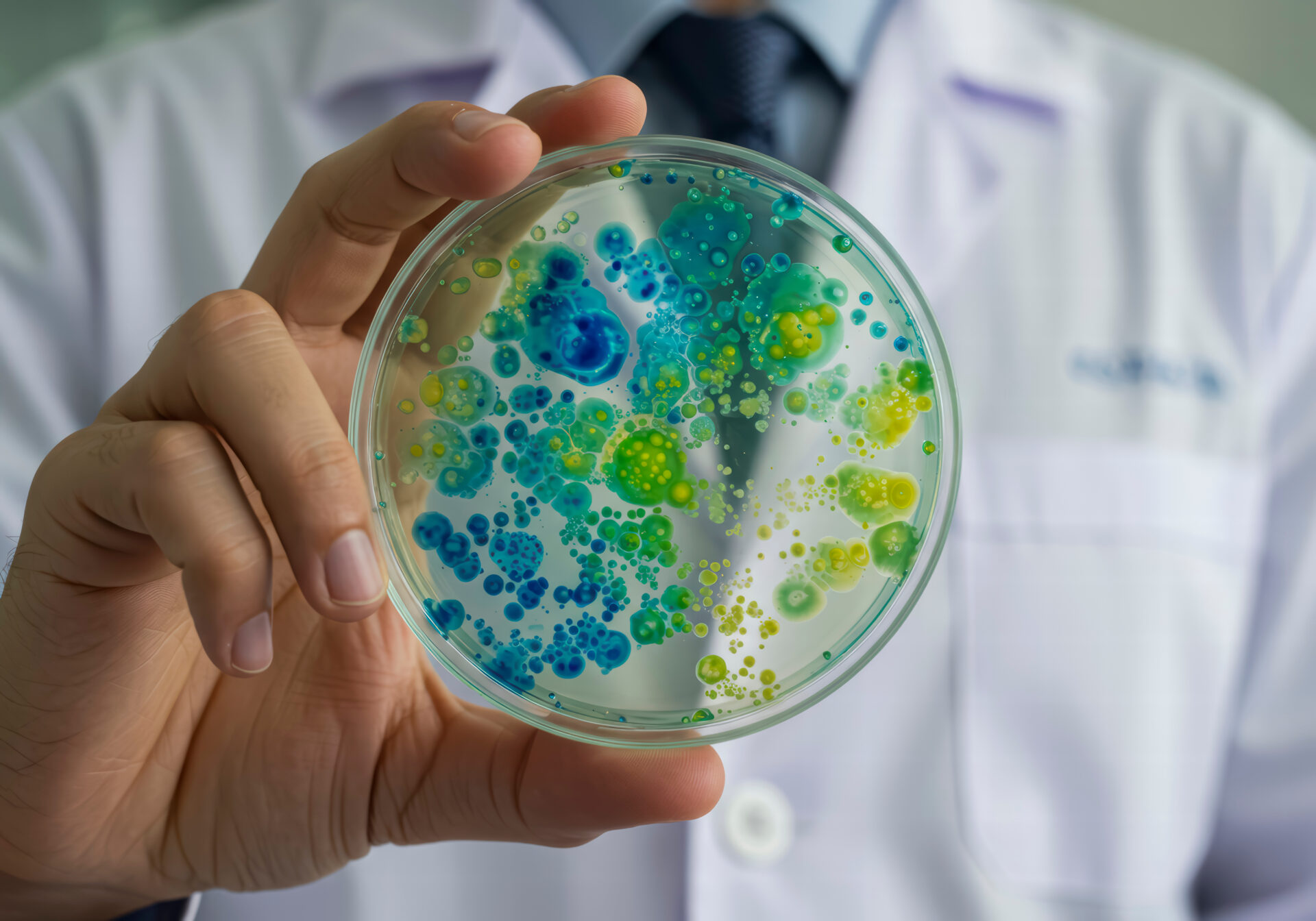 Medical professional or researcher handling a petri dish with microbiological culture, emphasizing scientific discovery and analysis.