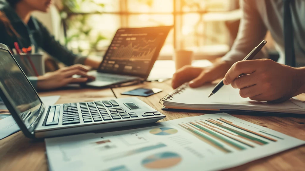 people working computers reports