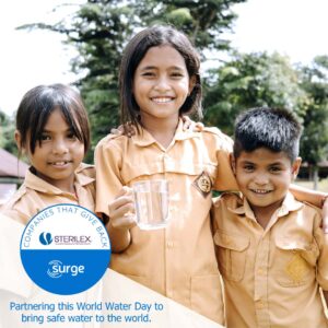 happy children holding cup clean water