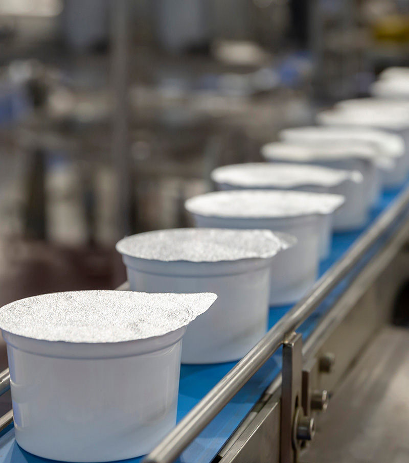 food conveyor belt with yogurt cups